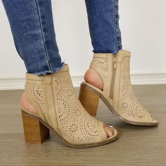 Taupe Laser cut Design Open Toe  Ankle Boots - Picture 4 of 7